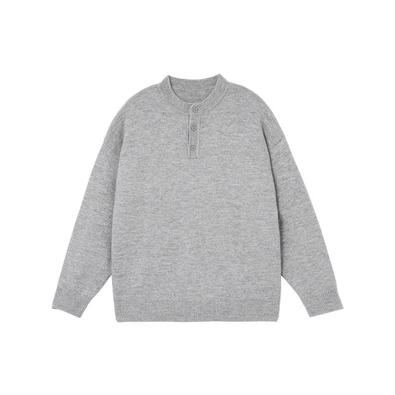 Men's loose Hong Kong style long sleeve polyester knit sweater in black, front view on model