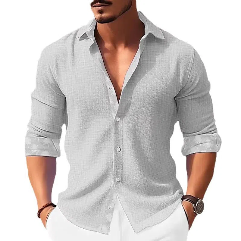 Men's white floral long sleeve shirt with loose cardigan cut, polyester fabric, seven colours available