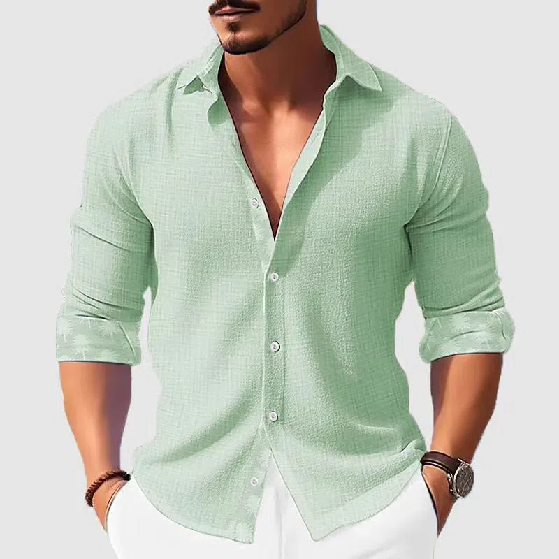 Men's white floral long sleeve shirt with loose cardigan cut, polyester fabric, seven colours available