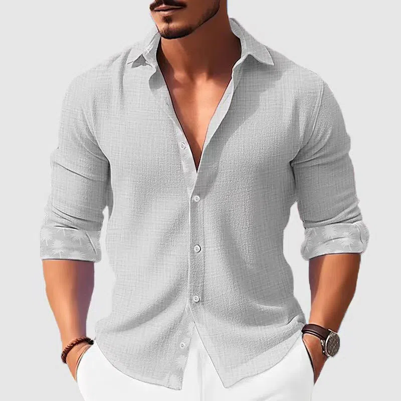 Men's white floral long sleeve shirt with loose cardigan cut, polyester fabric, seven colours available