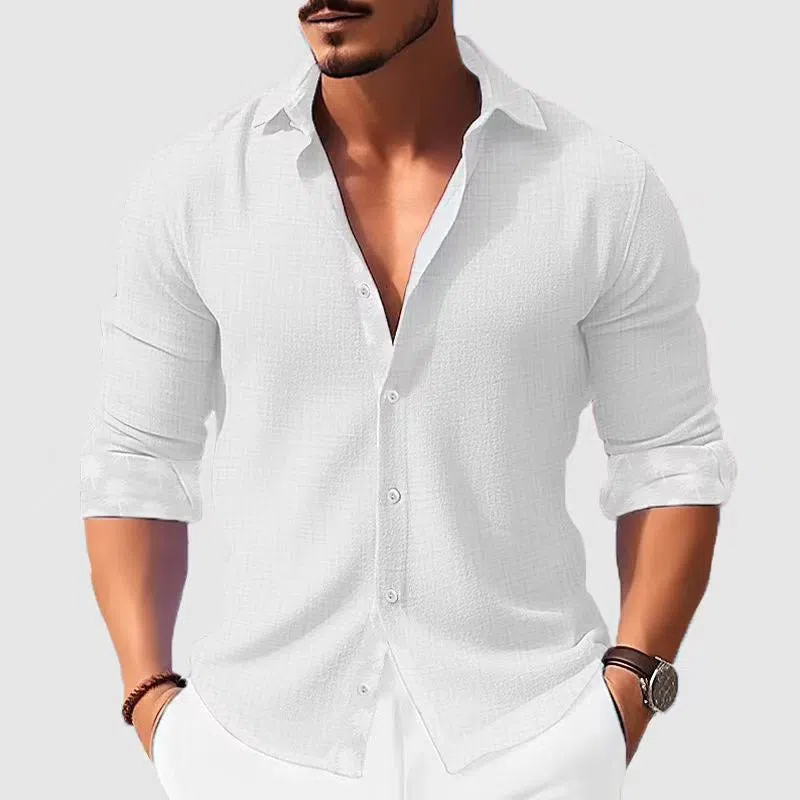 Men's white floral long sleeve shirt with loose cardigan cut, polyester fabric, seven colours available