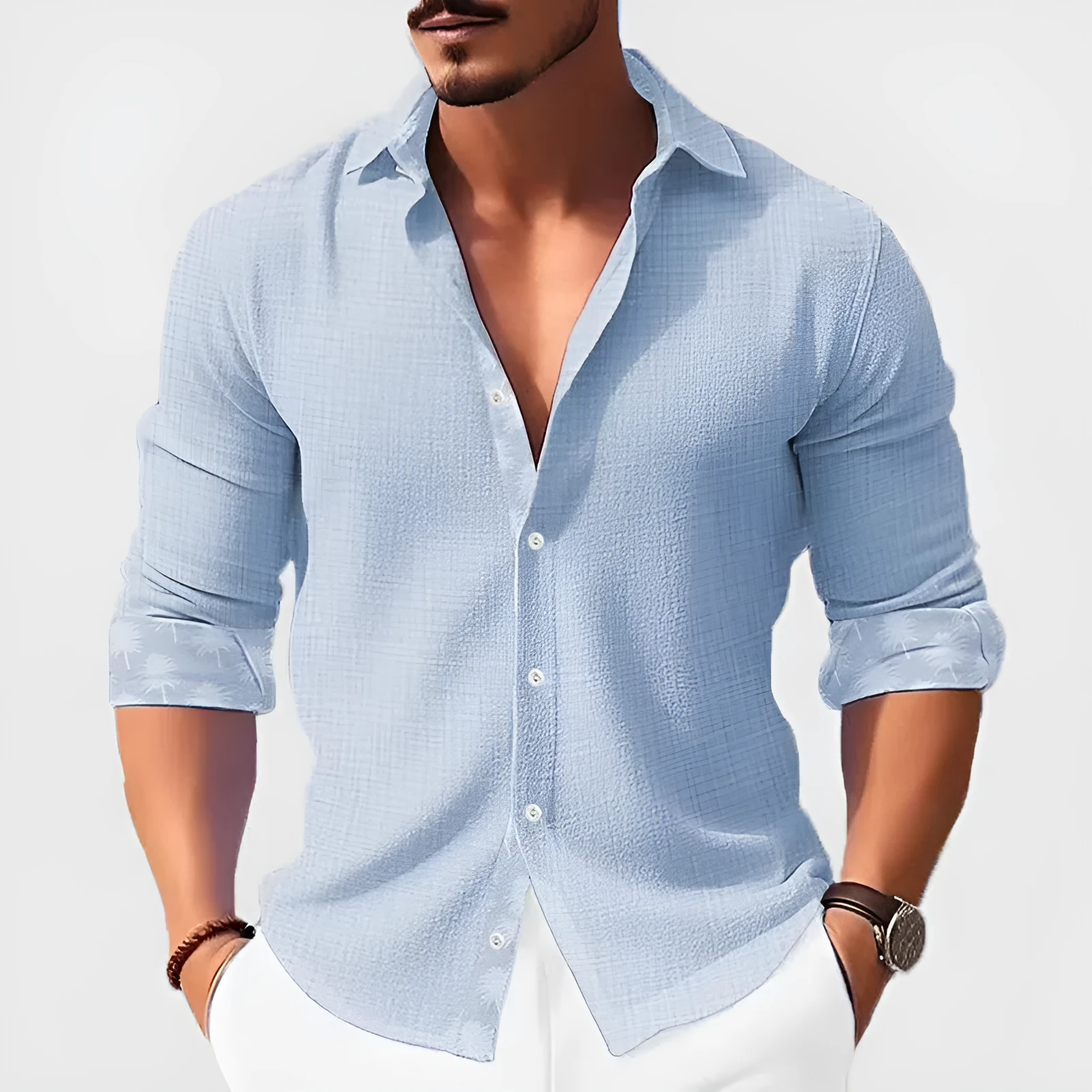 Men's white floral long sleeve shirt with loose cardigan cut, polyester fabric, seven colours available