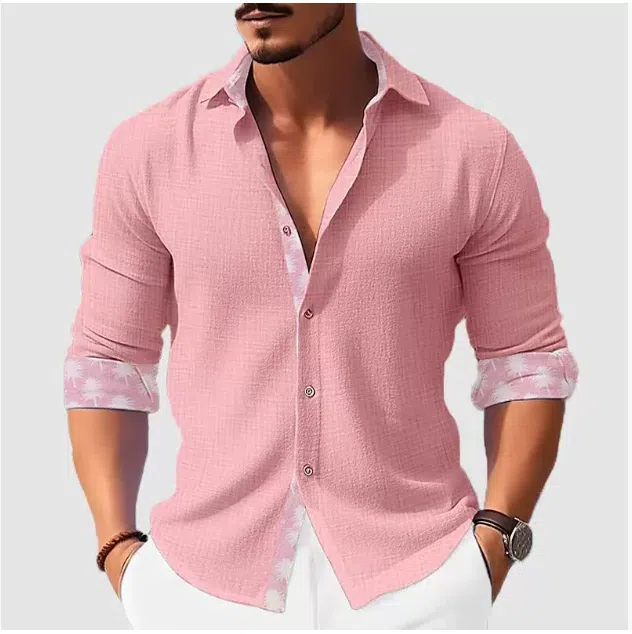 Men's white floral long sleeve shirt with loose cardigan cut, polyester fabric, seven colours available