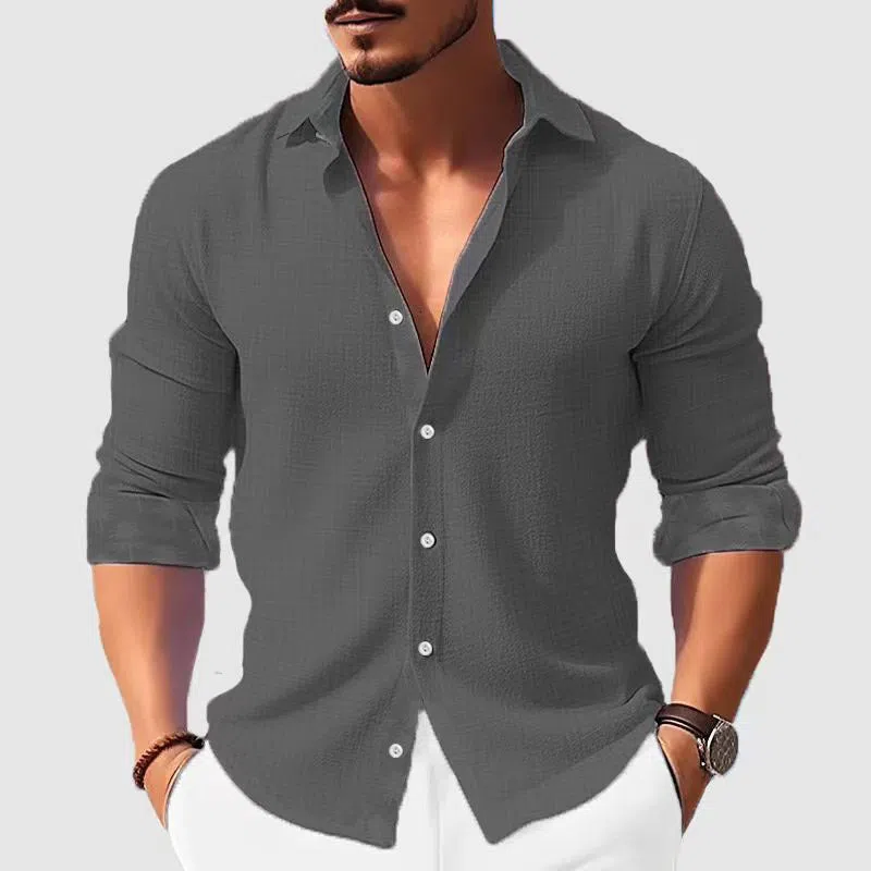 Men's white floral long sleeve shirt with loose cardigan cut, polyester fabric, seven colours available