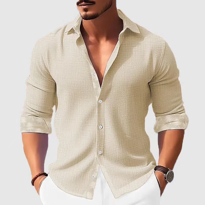 Men's white floral long sleeve shirt with loose cardigan cut, polyester fabric, seven colours available