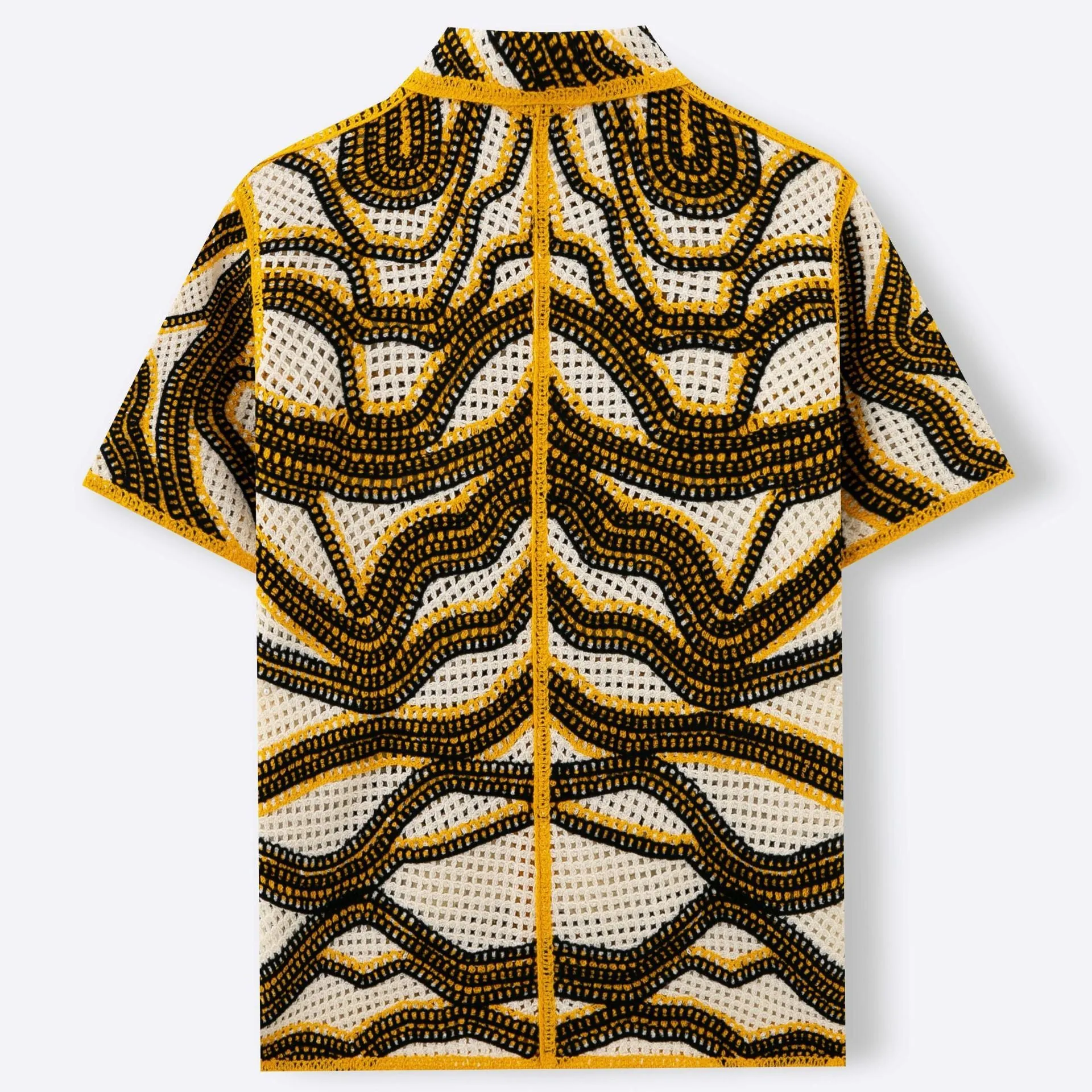 Khaki short sleeve cardigan with American striped pattern and hand-crocheted retro design