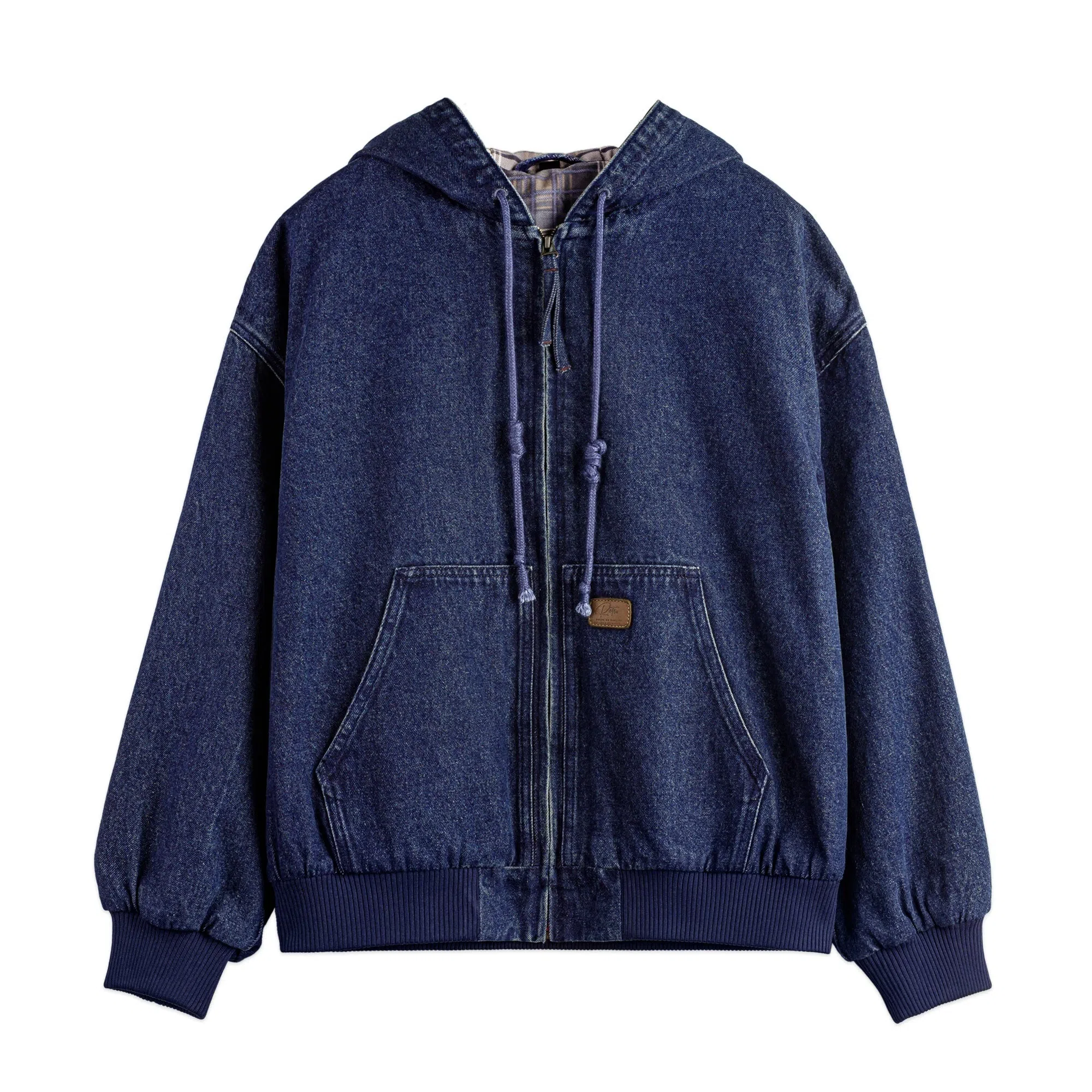 Blue tooling American retro washed denim jacket with hood and zipper front on hanger