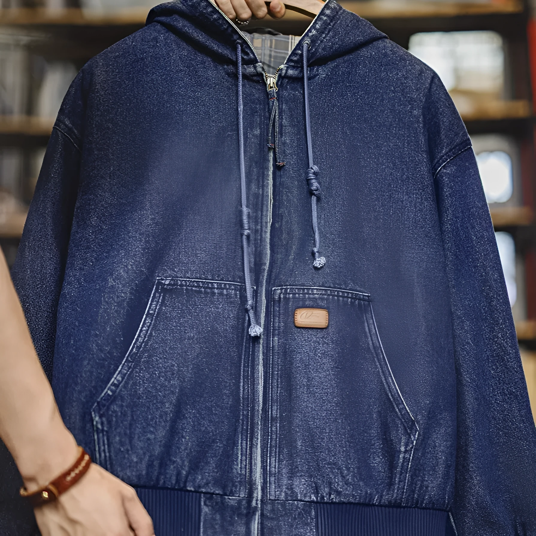 Blue tooling American retro washed denim jacket with hood and zipper front on hanger