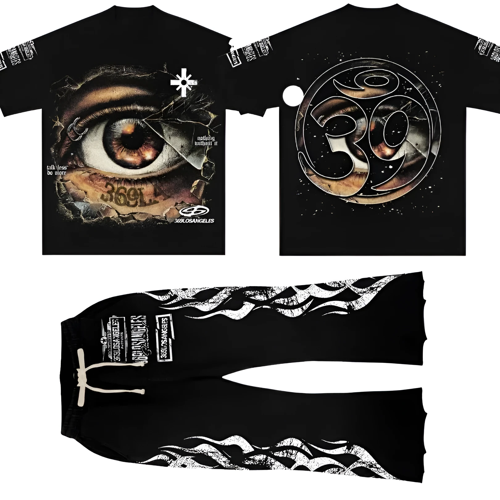 Piercing Vision black short-sleeve T-shirt and flare sweatpants full set unisex sports and leisure co-ord