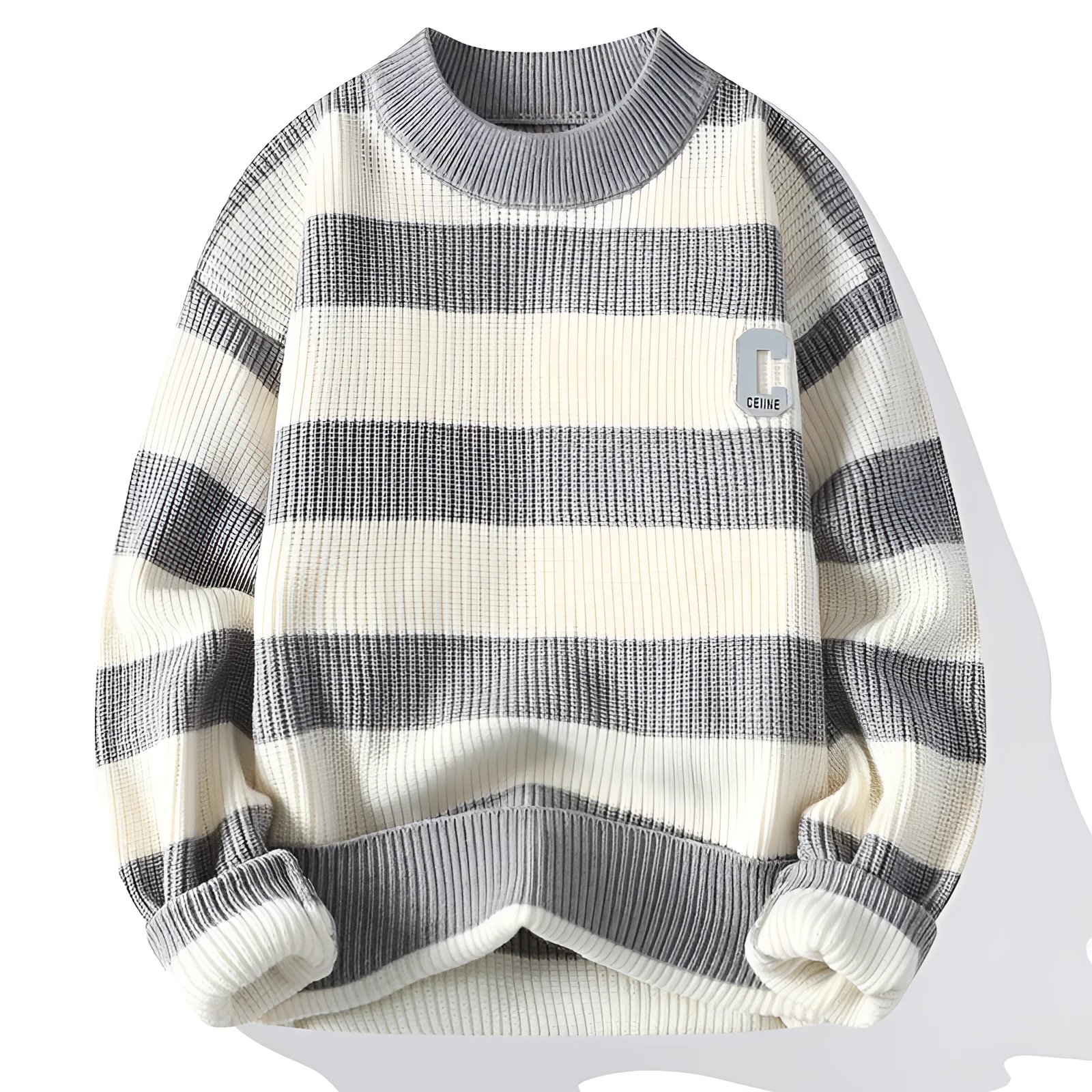 Men's autumn letter stripes mock neck sweater in gray, loose fit nylon knit pullover with long sleeves, casual style