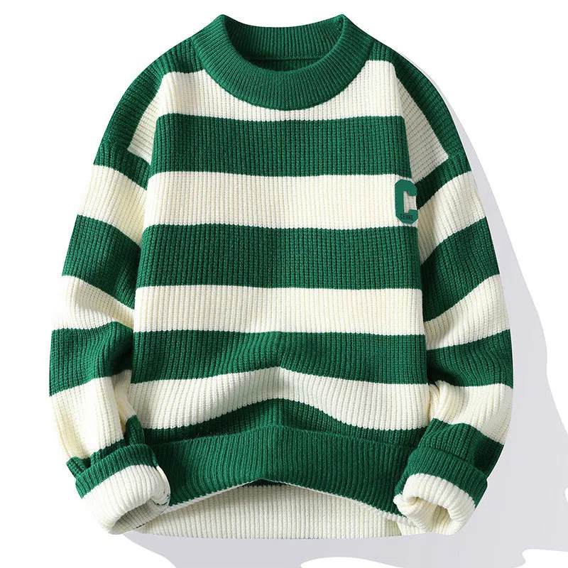 Men's autumn letter stripes mock neck sweater in gray, loose fit nylon knit pullover with long sleeves, casual style