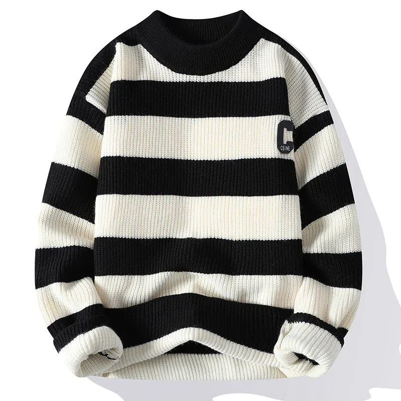 Men's autumn letter stripes mock neck sweater in gray, loose fit nylon knit pullover with long sleeves, casual style