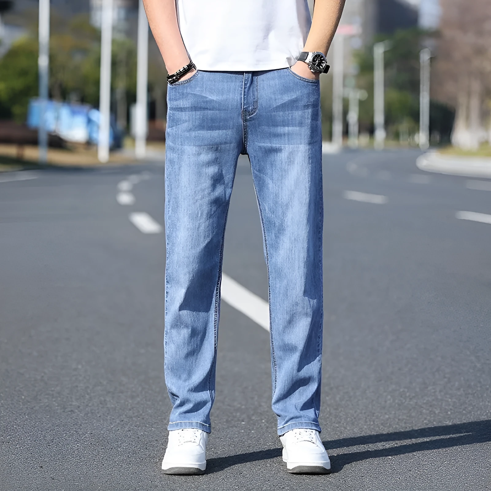 Thin stretch business casual tapered trousers in cotton denim fabric