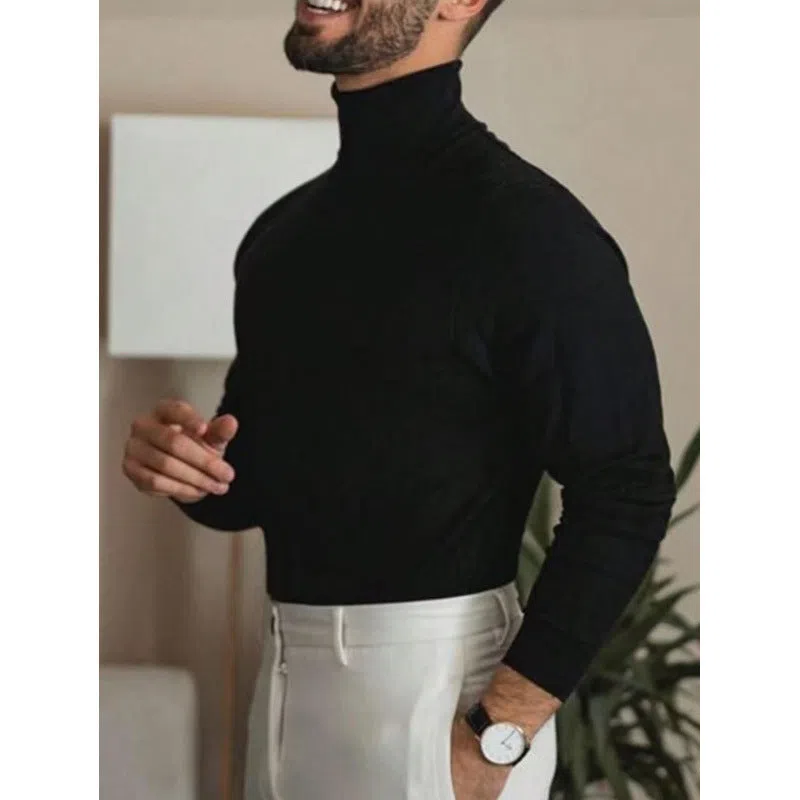Men's cotton turtleneck sweater pullover in black, light business style long sleeves knitwear autumn winter