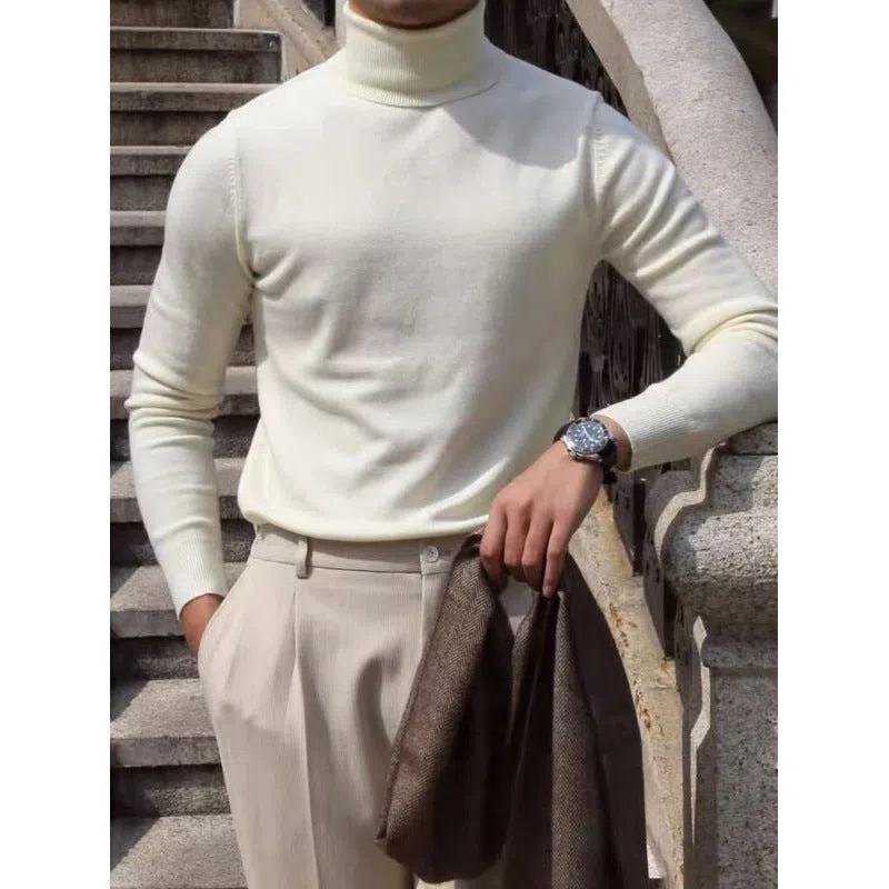 Men's cotton turtleneck sweater pullover in black, light business style long sleeves knitwear autumn winter
