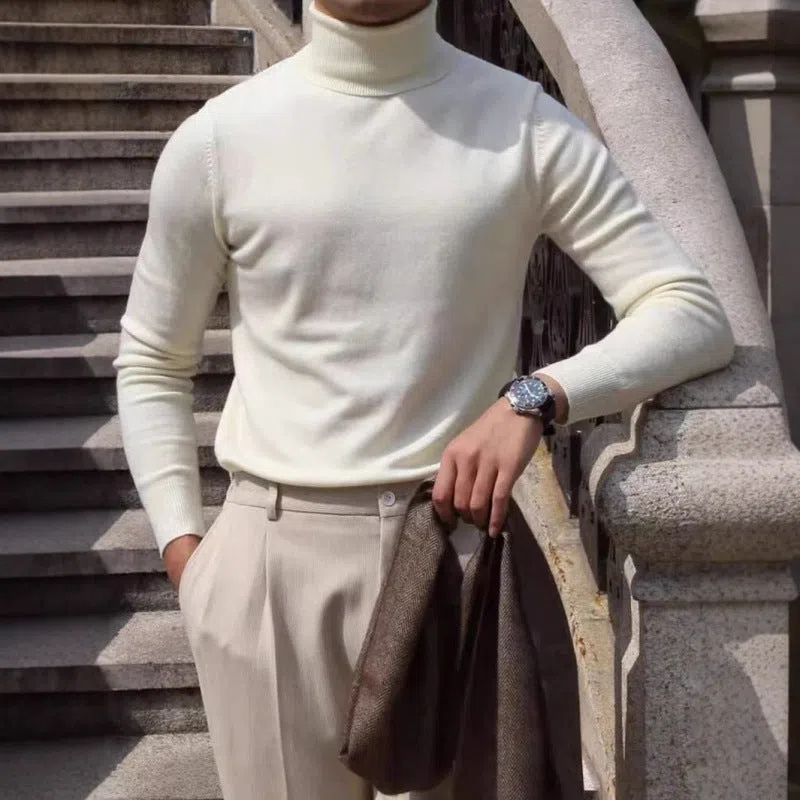 Men's cotton turtleneck sweater pullover in black, light business style long sleeves knitwear autumn winter