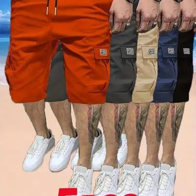 Men's polyester straight-leg shorts in black showing side pocket and waistband detail