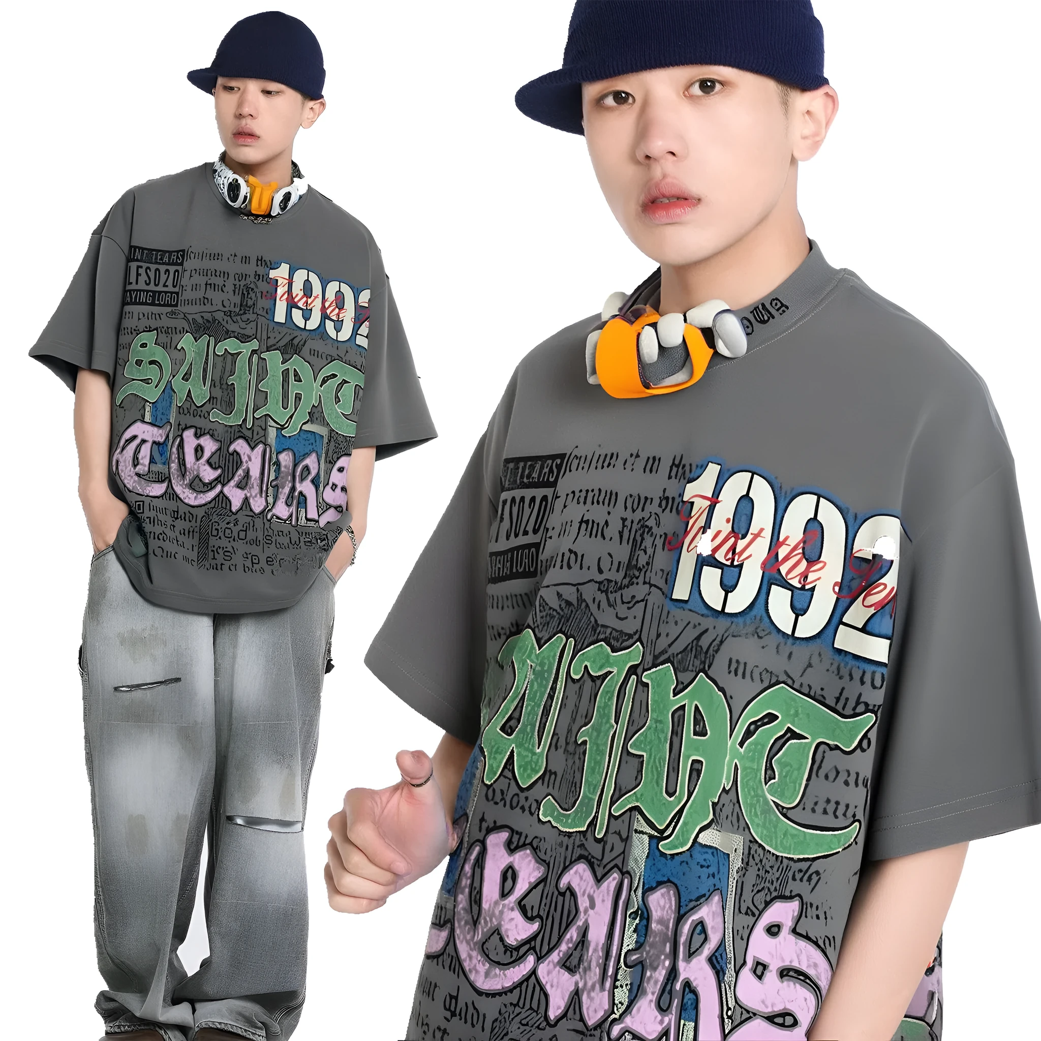American retro national trend hip hop graffiti pure cotton short sleeve t-shirt in grey, front view