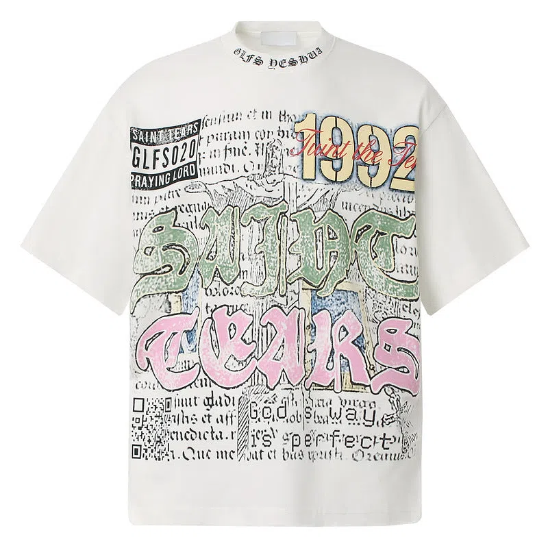 American retro national trend hip hop graffiti pure cotton short sleeve t-shirt in grey, front view