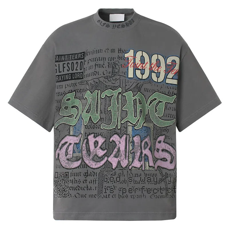 American retro national trend hip hop graffiti pure cotton short sleeve t-shirt in grey, front view