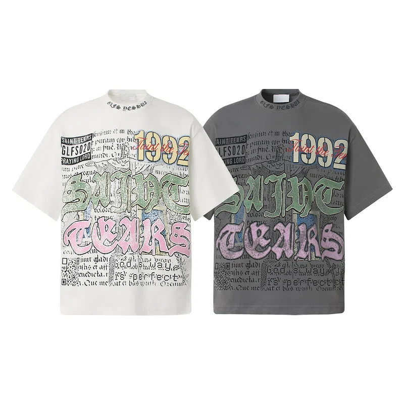 American retro national trend hip hop graffiti pure cotton short sleeve t-shirt in grey, front view