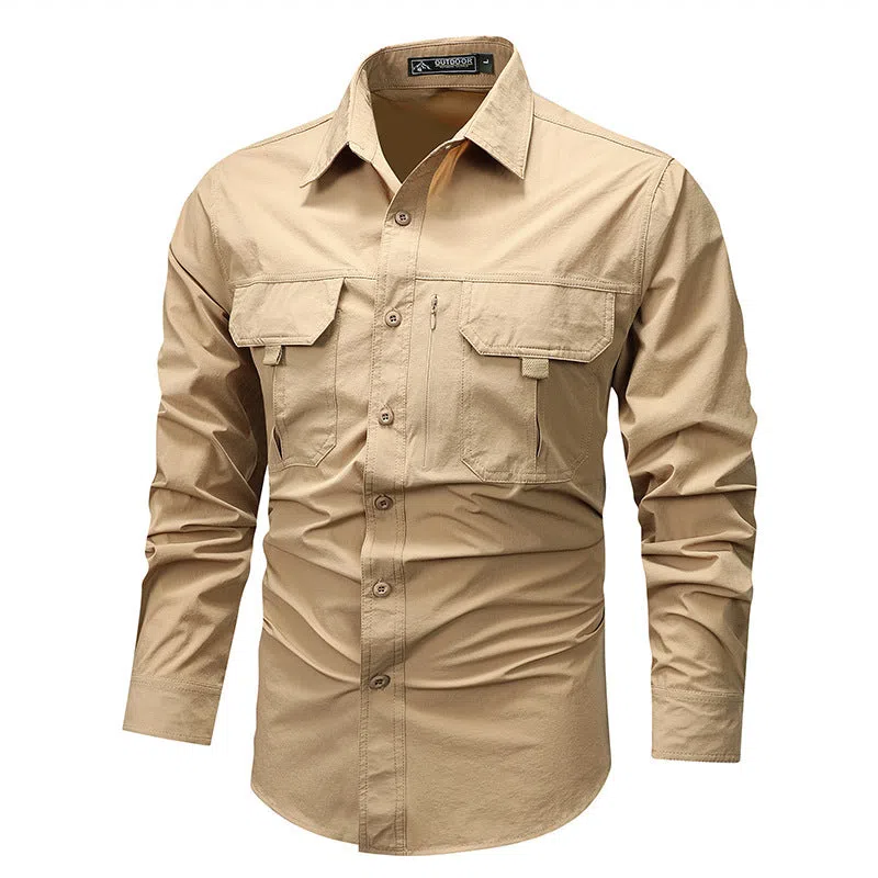 Men's retro workwear overshirt in Army Green, loose fit, long sleeves, nylon fabric