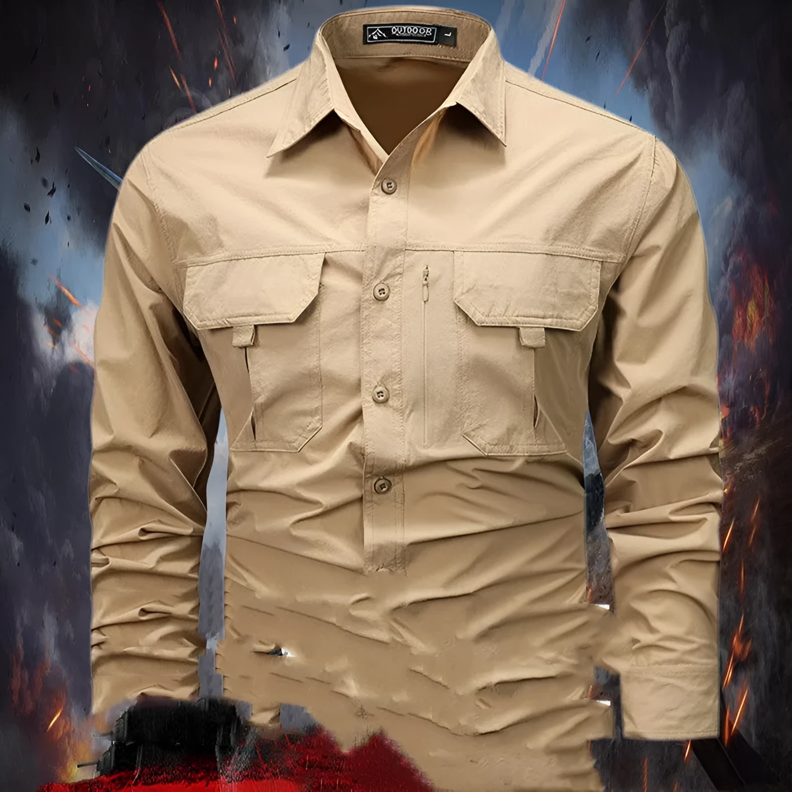 Men's retro workwear overshirt in Army Green, loose fit, long sleeves, nylon fabric