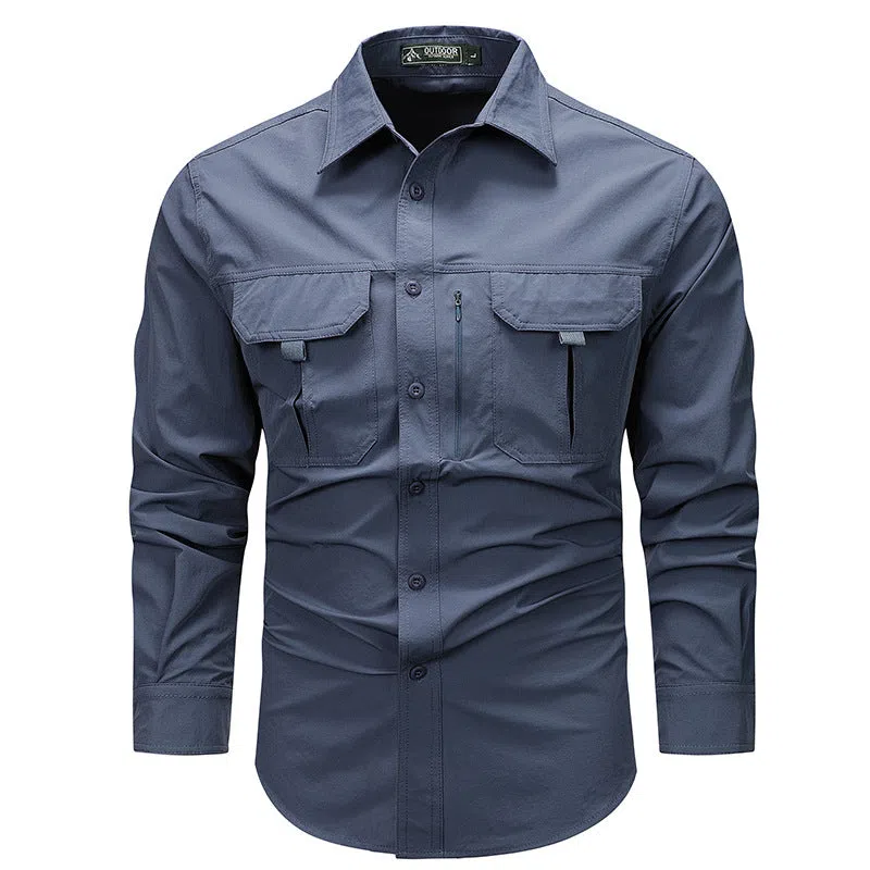 Men's retro workwear overshirt in Army Green, loose fit, long sleeves, nylon fabric