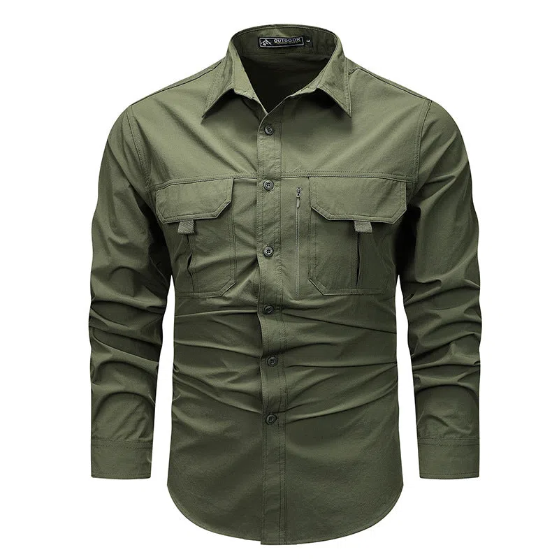 Men's retro workwear overshirt in Army Green, loose fit, long sleeves, nylon fabric