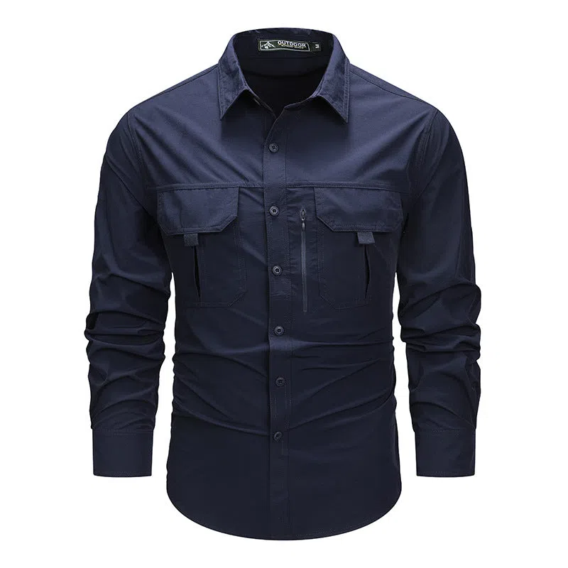 Men's retro workwear overshirt in Army Green, loose fit, long sleeves, nylon fabric