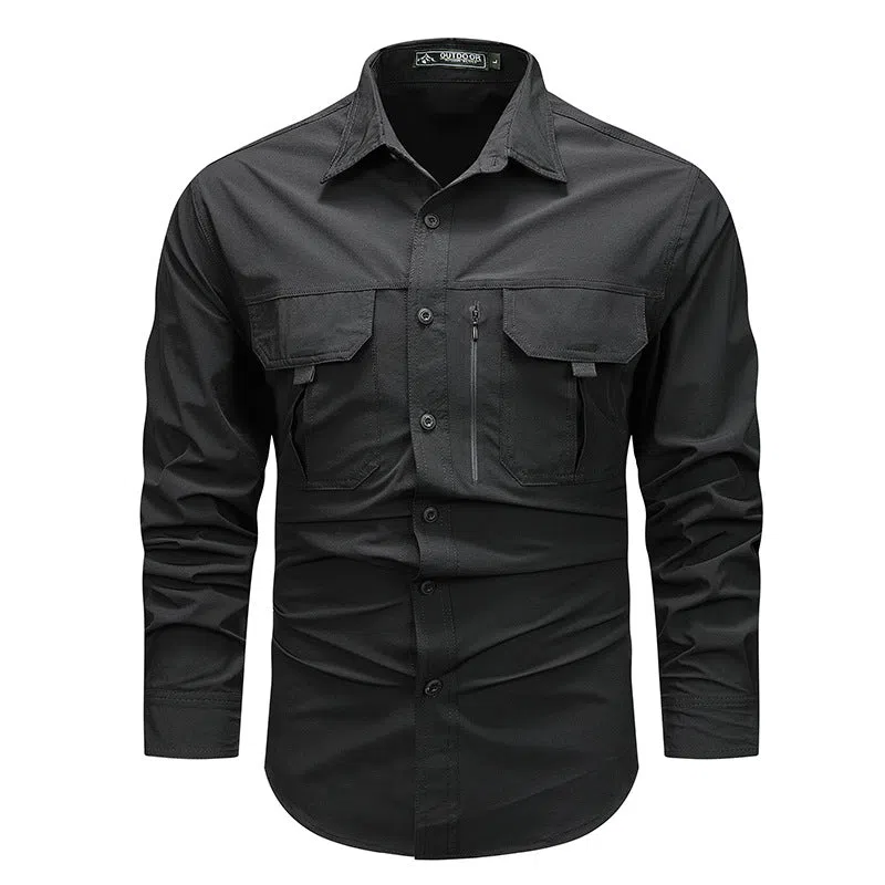 Men's retro workwear overshirt in Army Green, loose fit, long sleeves, nylon fabric