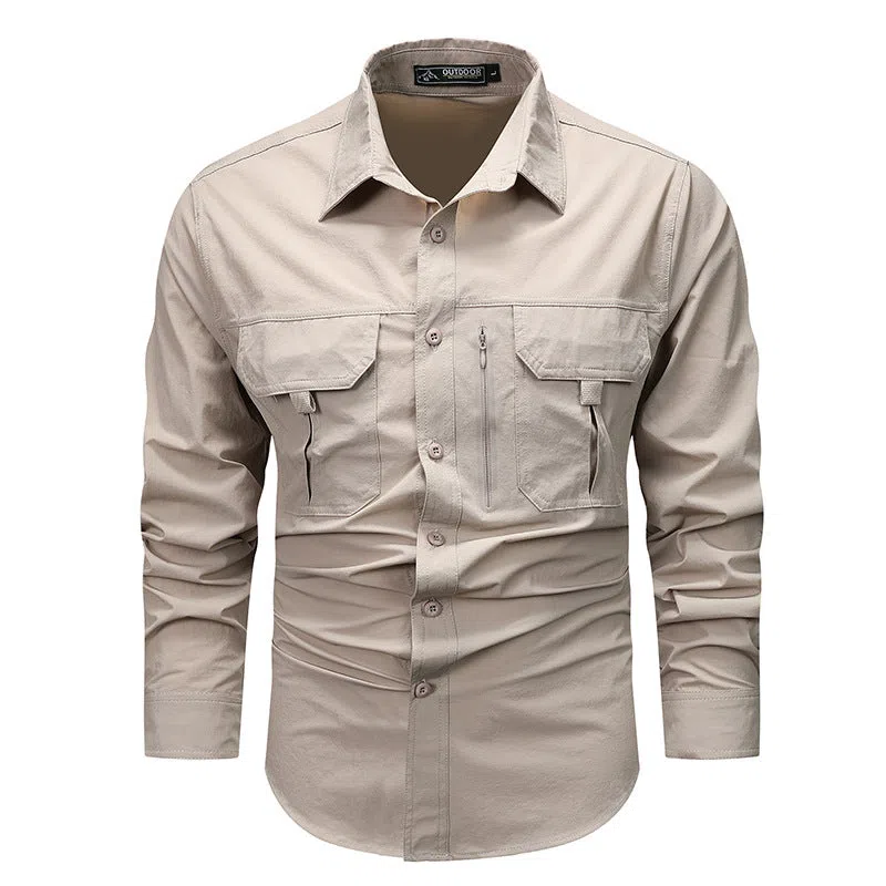 Men's retro workwear overshirt in Army Green, loose fit, long sleeves, nylon fabric