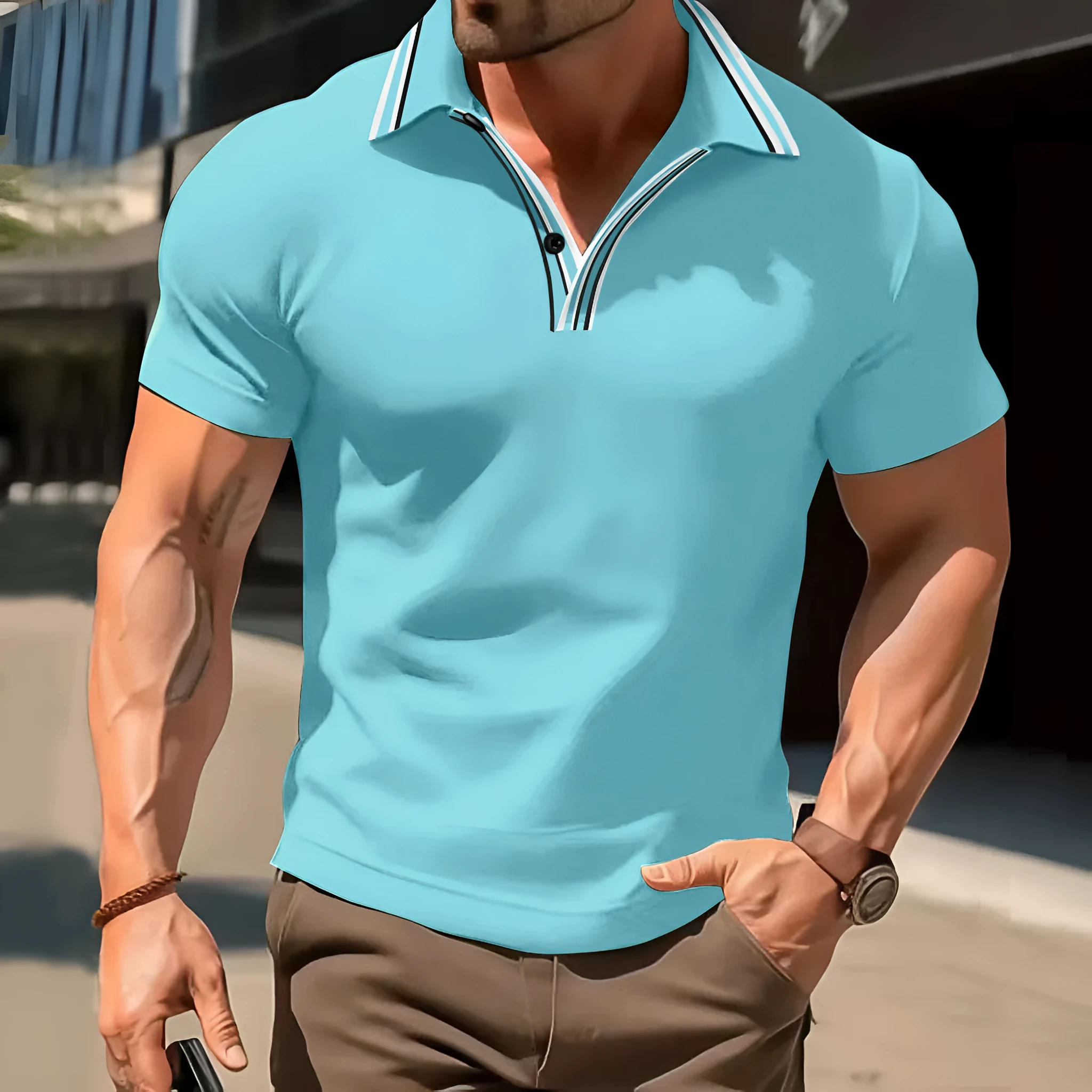 Man wearing a loose fit striped short-sleeved T-shirt in a casual setting
