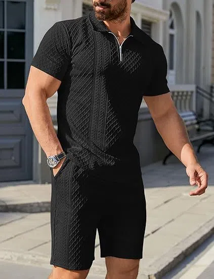 Men's casual two-piece suit with polo top and shorts in five colours including black and white