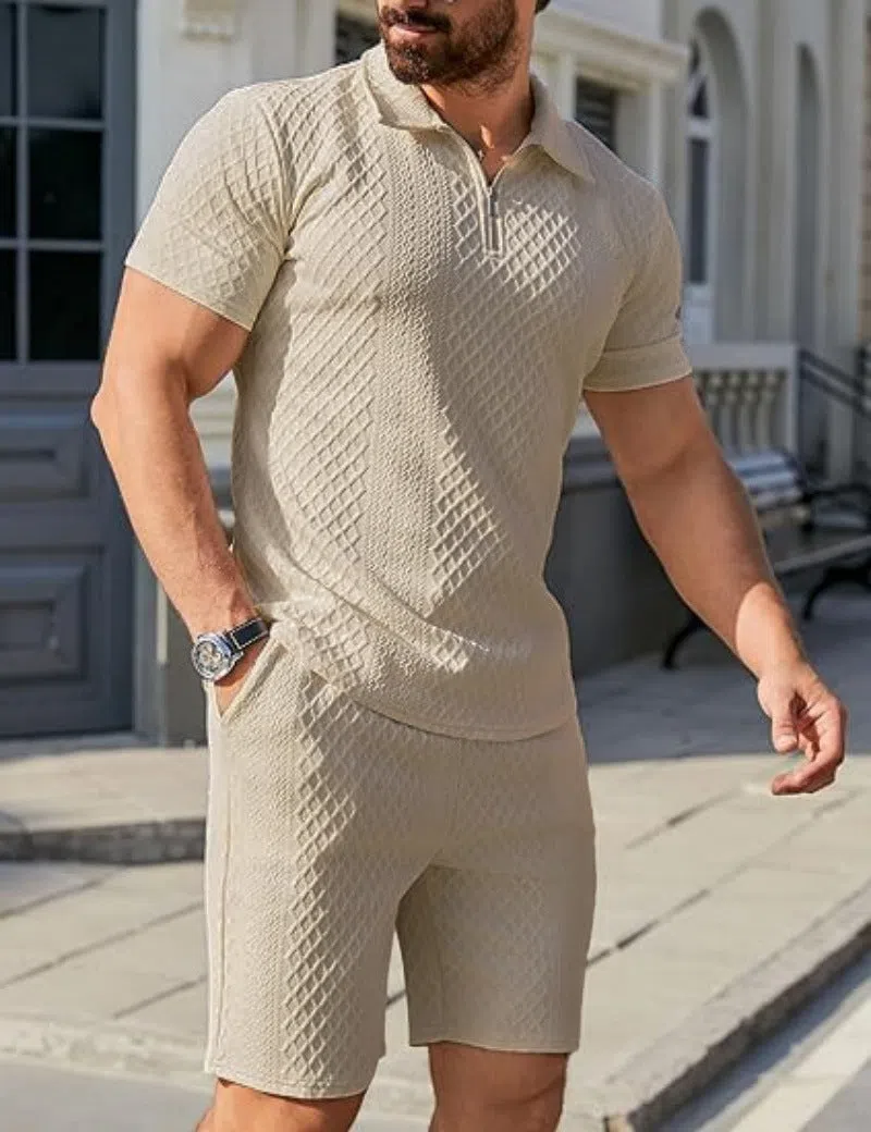 Men's casual two-piece suit with polo top and shorts in five colours including black and white