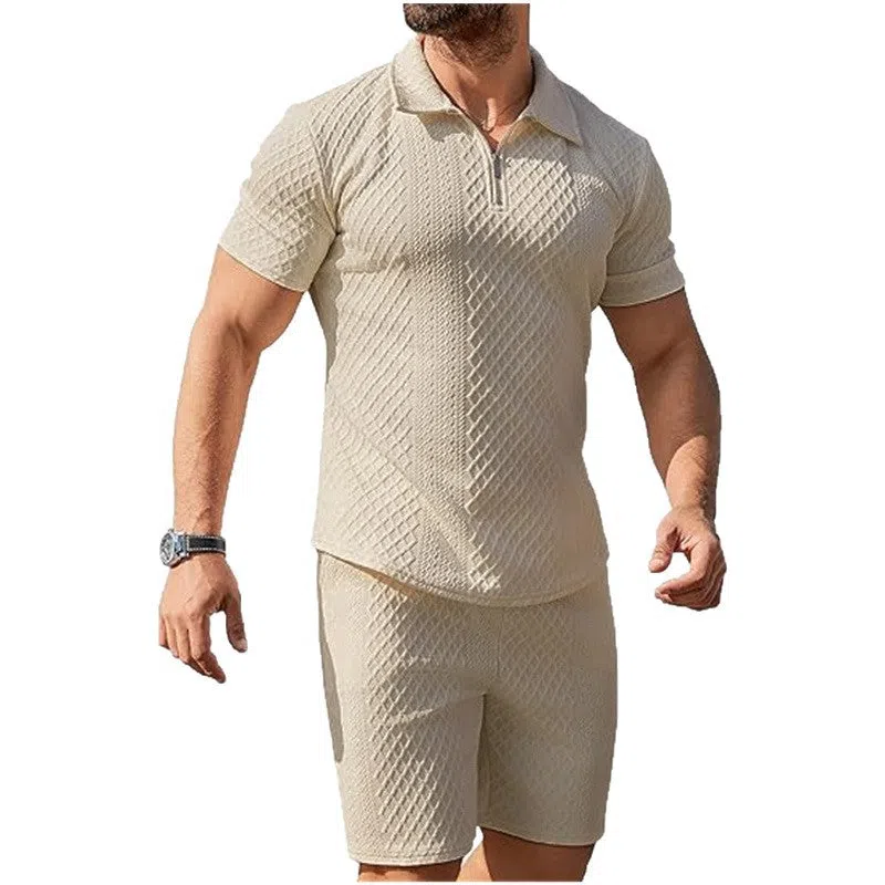 Men's casual two-piece suit with polo top and shorts in five colours including black and white