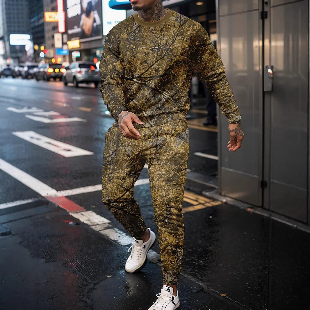 Jungle camouflage round neck sweater and long sleeve two-piece sportswear set with trousers