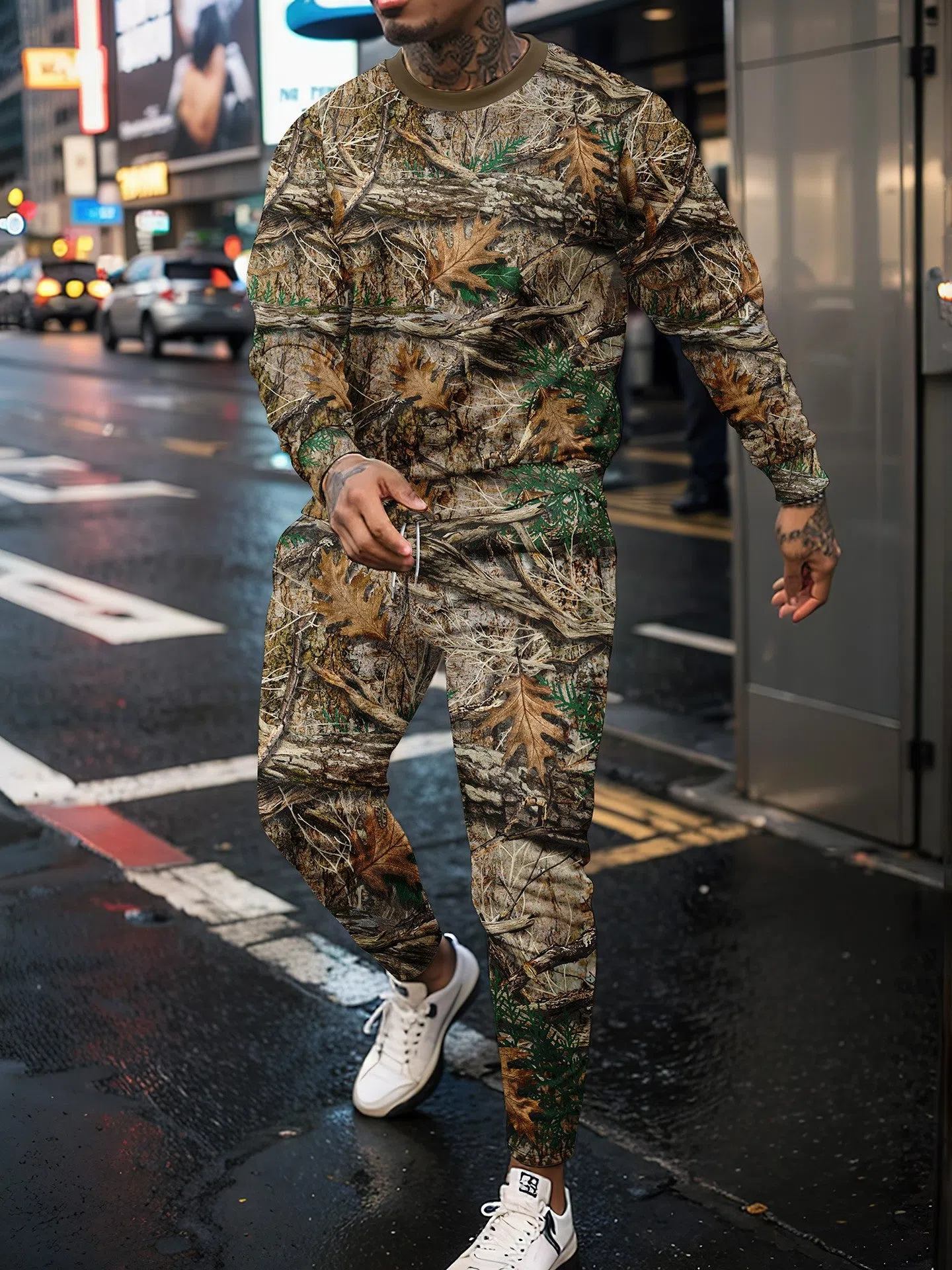 Jungle camouflage round neck sweater and long sleeve two-piece sportswear set with trousers