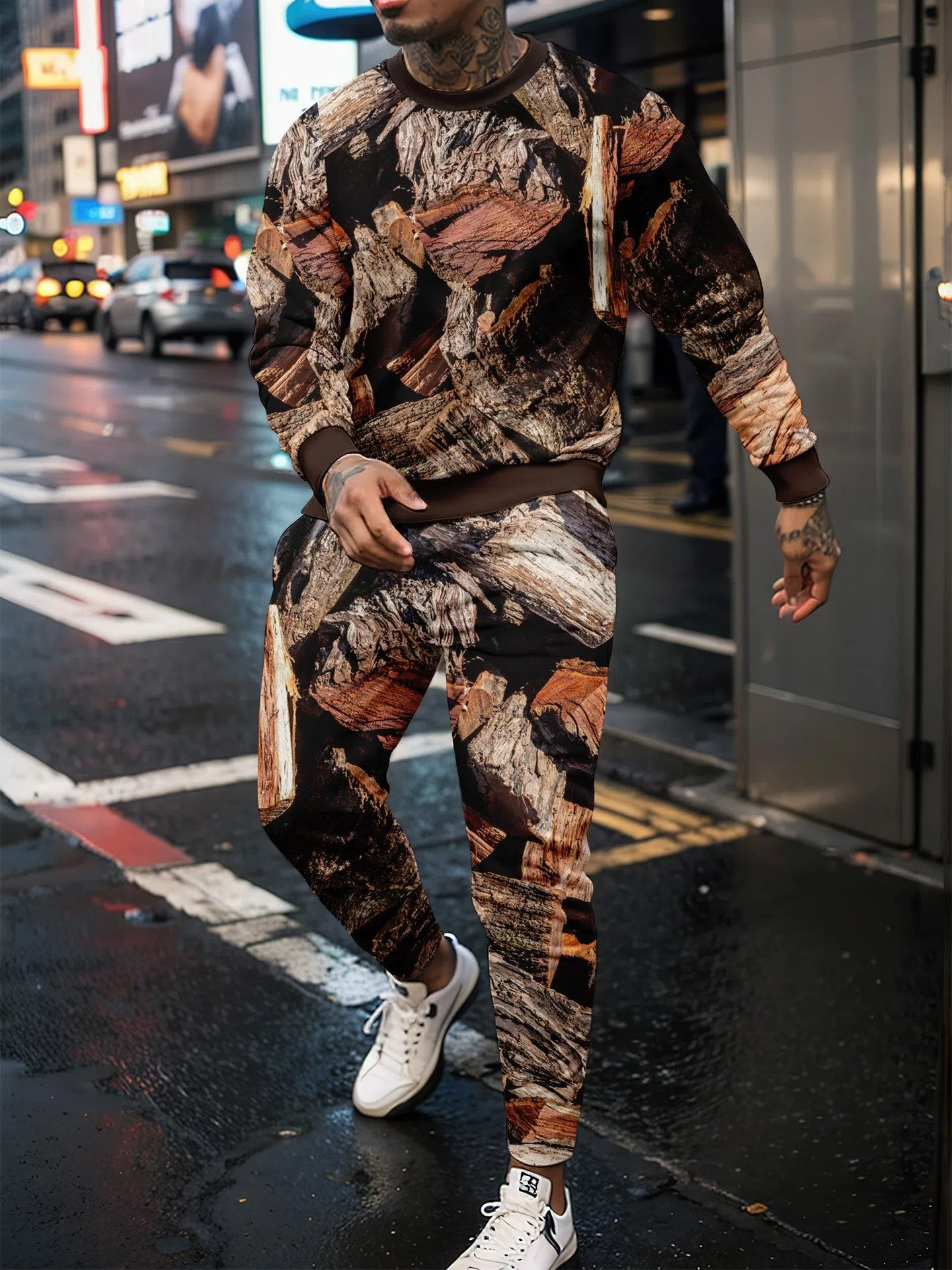 Jungle camouflage round neck sweater and long sleeve two-piece sportswear set with trousers