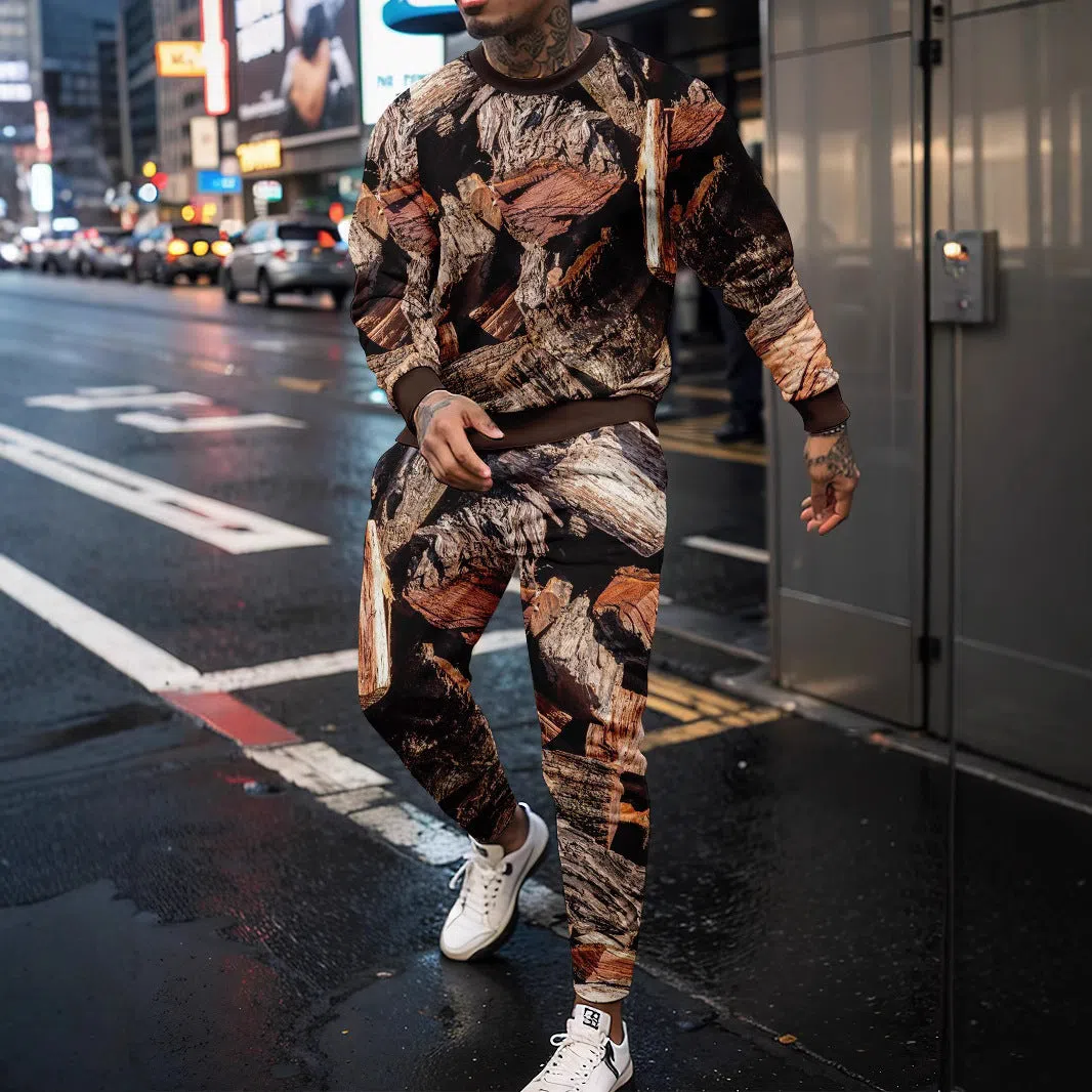 Jungle camouflage round neck sweater and long sleeve two-piece sportswear set with trousers