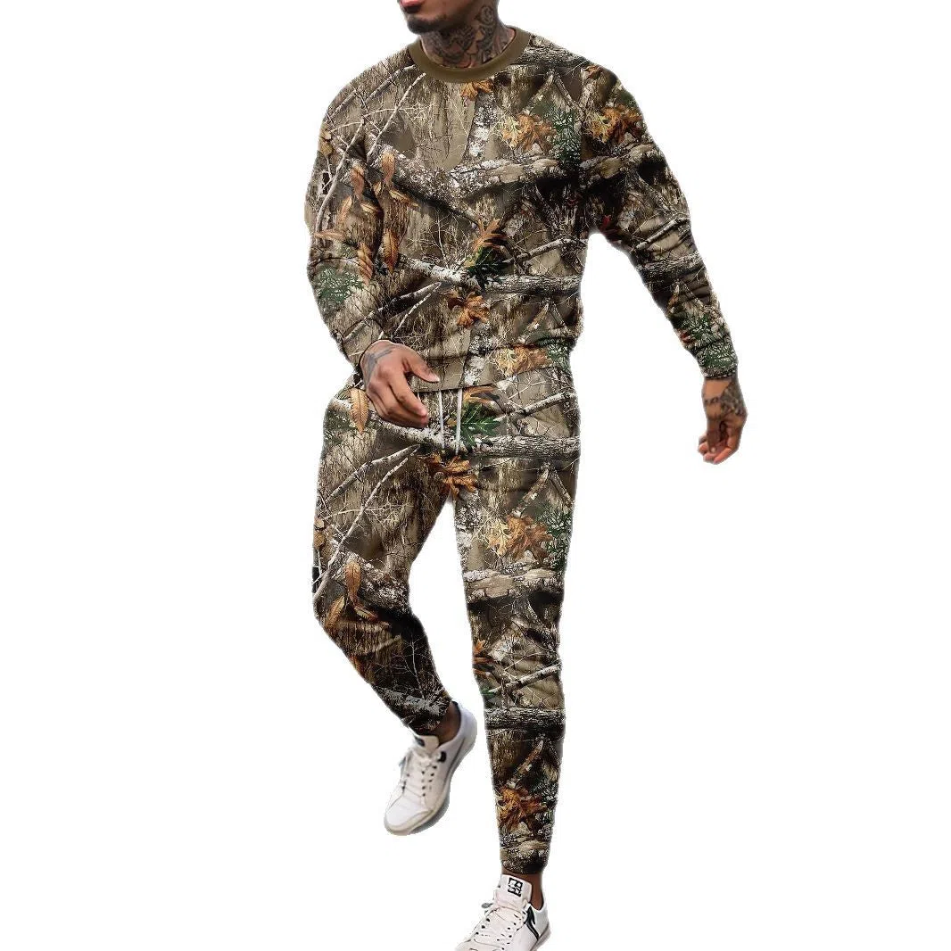 Jungle camouflage round neck sweater and long sleeve two-piece sportswear set with trousers