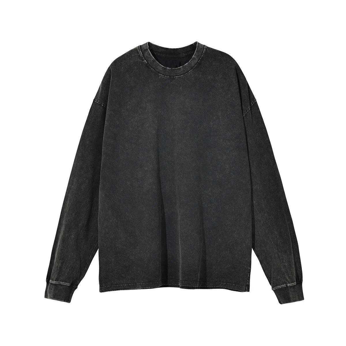 Black pure cotton washed retro long-sleeved T-shirt with loose fit and distressed details, front view