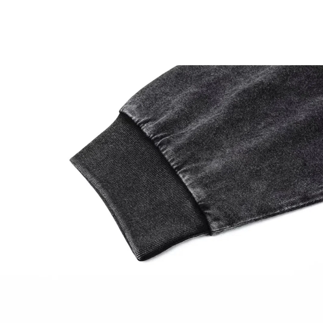Black pure cotton washed retro long-sleeved T-shirt with loose fit and distressed details, front view