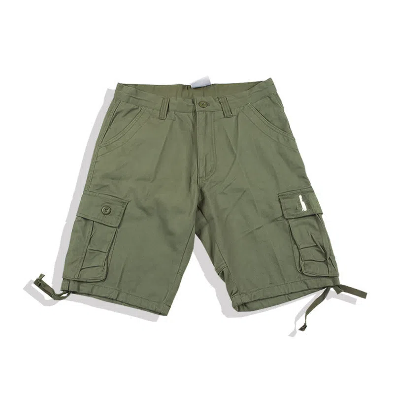 Retro Japanese casual trousers in army green with double-layer waistband and zip placket