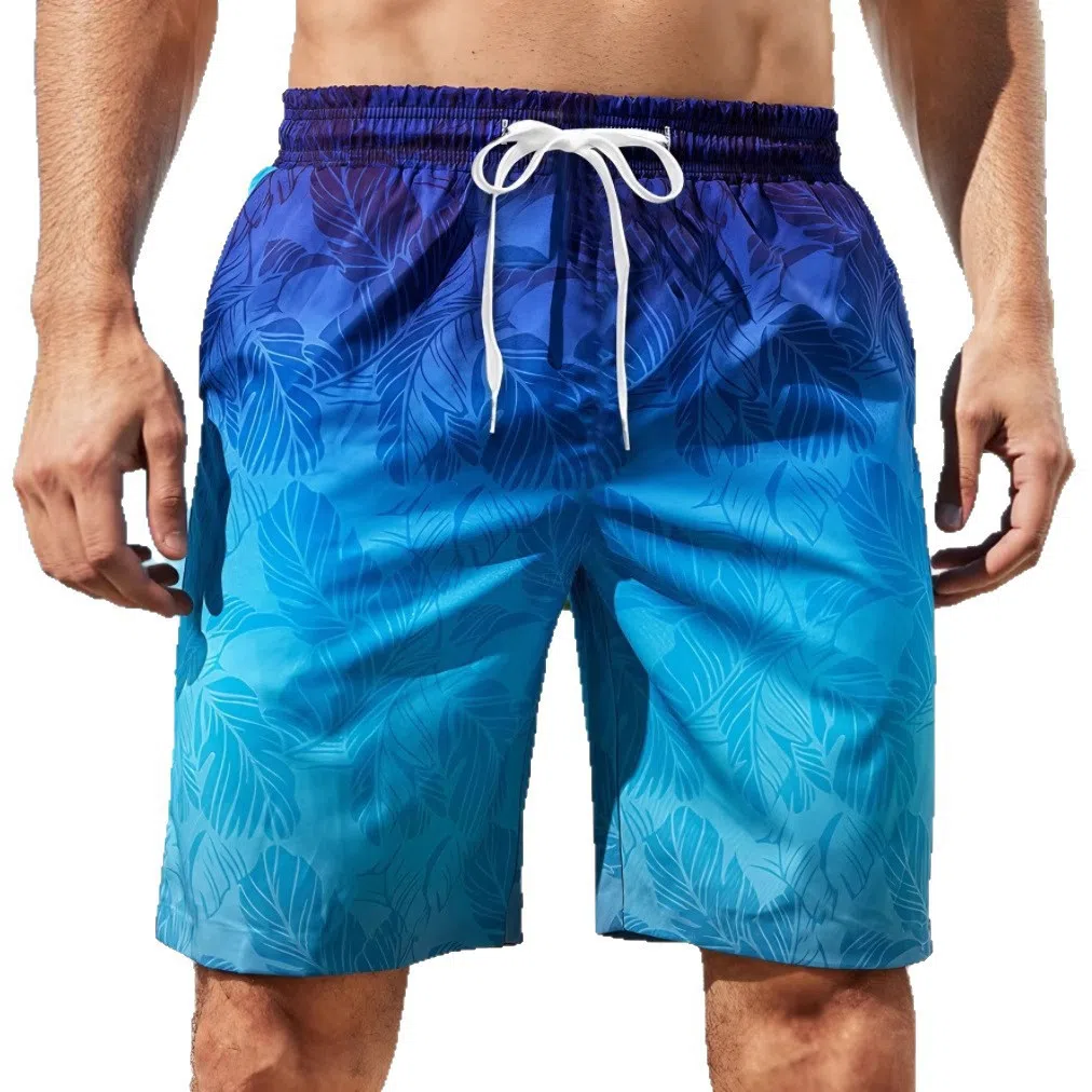 Men's polyester 3D printed beach shorts in fifth length, available in multiple colours and sizes S to 6XL