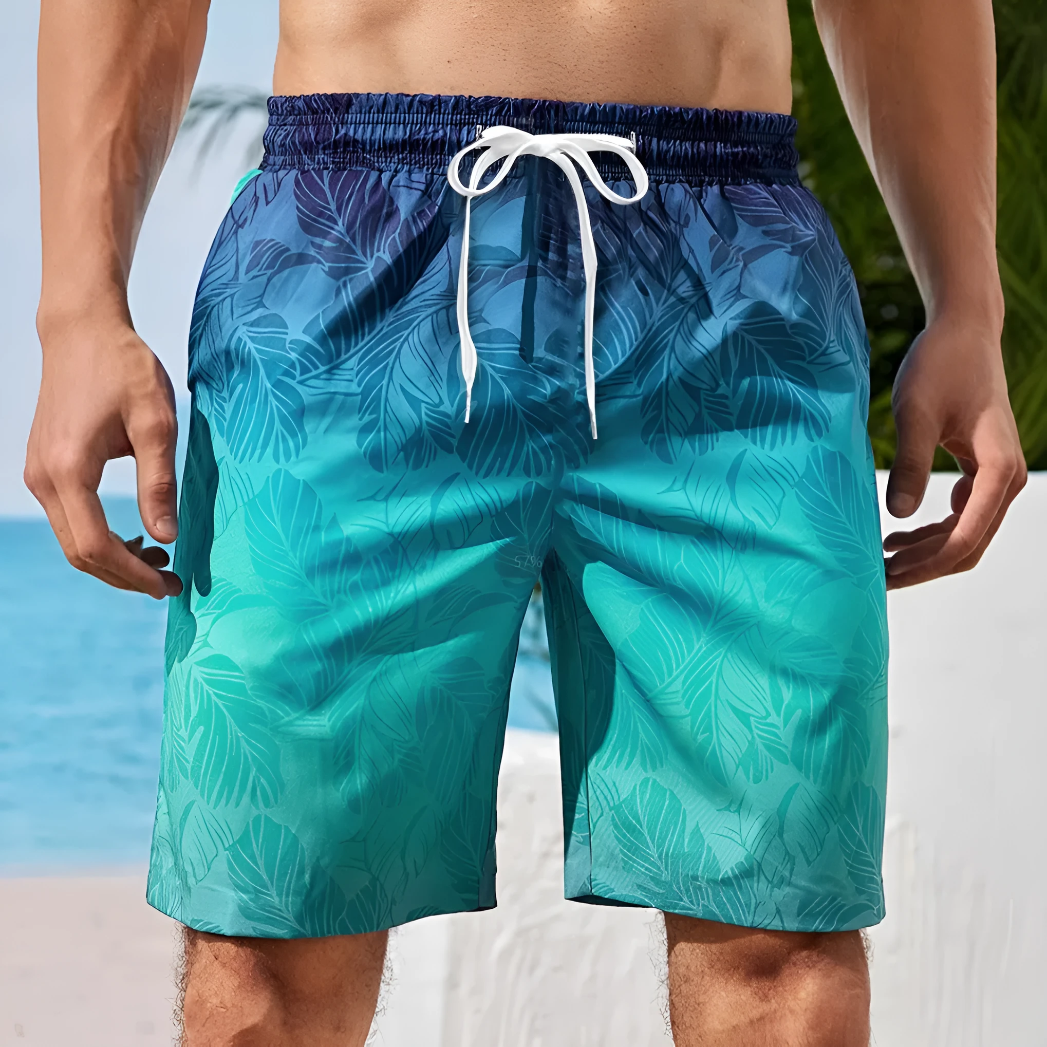 Men's polyester 3D printed beach shorts in fifth length, available in multiple colours and sizes S to 6XL