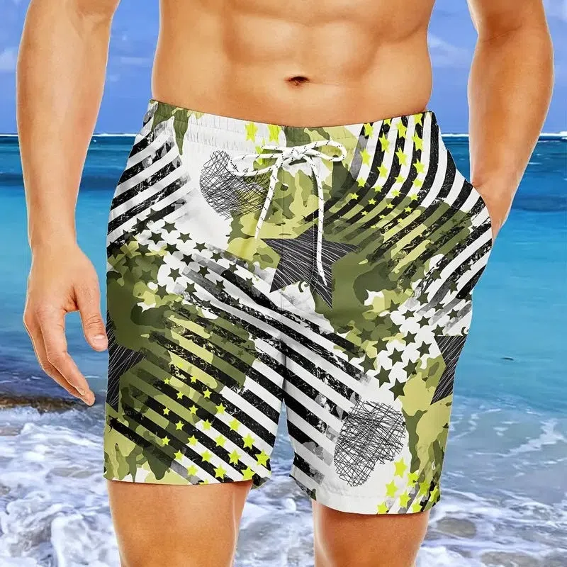 Men's polyester 3D printed beach shorts in fifth length, available in multiple colours and sizes S to 6XL