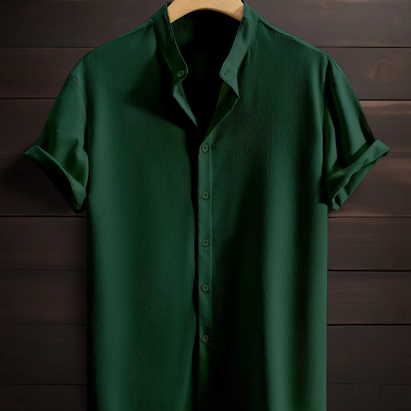 Men's casual breathable polyester stand collar short sleeve shirt in solid colour, loose fit, non-iron