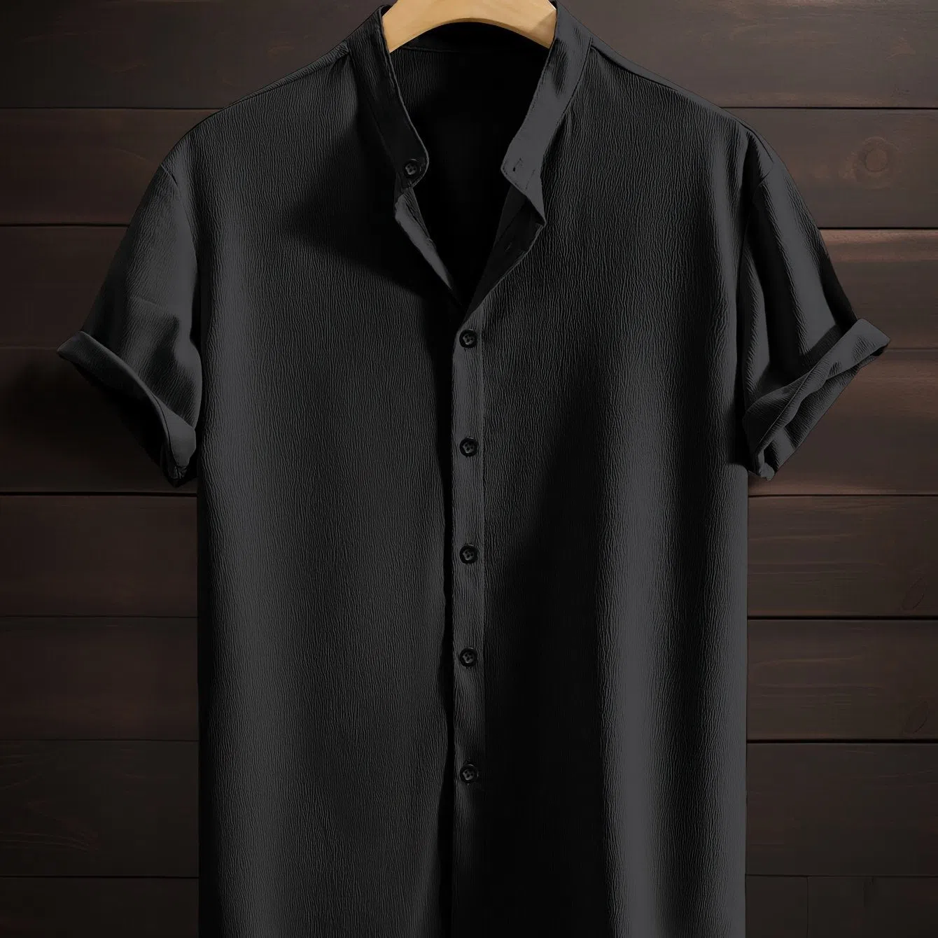 Men's casual breathable polyester stand collar short sleeve shirt in solid colour, loose fit, non-iron