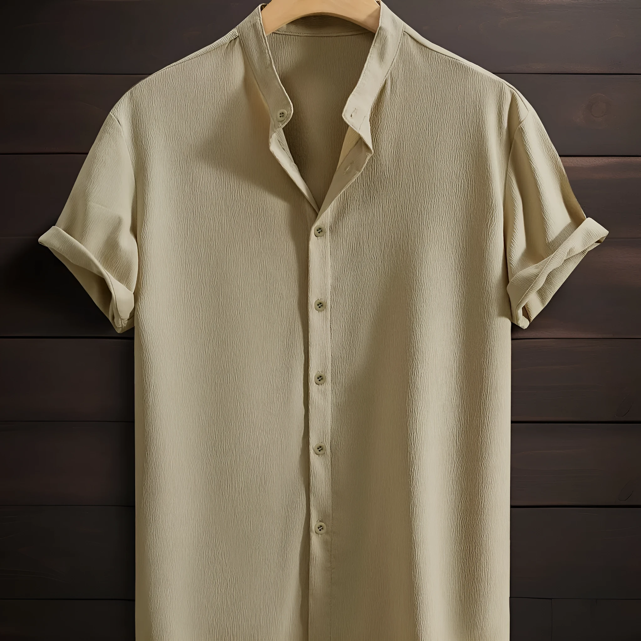 Men's casual breathable polyester stand collar short sleeve shirt in solid colour, loose fit, non-iron
